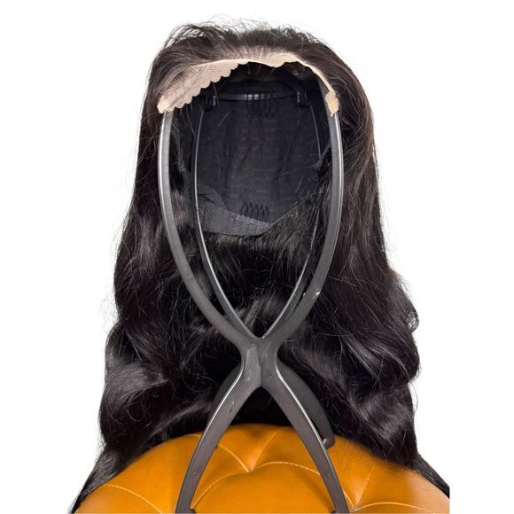 28” Long Human Hair Wig Wavy Front Lace Natural Black Full Glueless - Picture 6 of 10